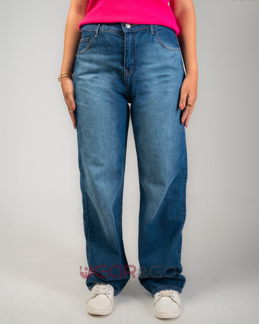 بنطلون جينز واسع بخصر متوسط - لون داكن